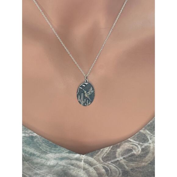 Sterling Silver Humming Bird and Cactus Pendant Necklace - Picture 3 of 5